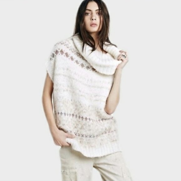 Free People oversized wool blend neutral cream fair isle sweater vest - Picture 1 of 6